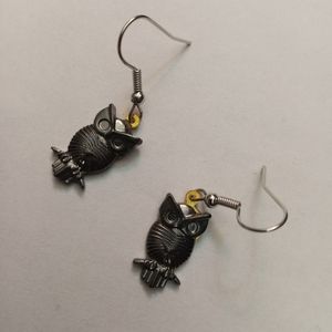 New perching owl metallic earrings hand crafted steel gray